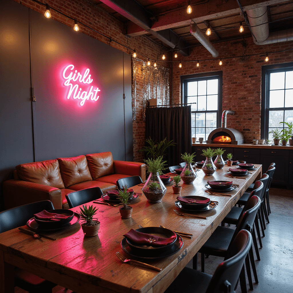 An industrial-chic loft transformed for Galentine's night, featuring long wooden tables with matte black plates and copper cutlery, geometric terrarium centerpieces, a neon 'Girls Night' sign, leather lounge seating, a DIY photo booth with metallic streamers, a gourmet pizza station, and Edison bulbs creating a warm atmosphere, captured from an elevated angle.