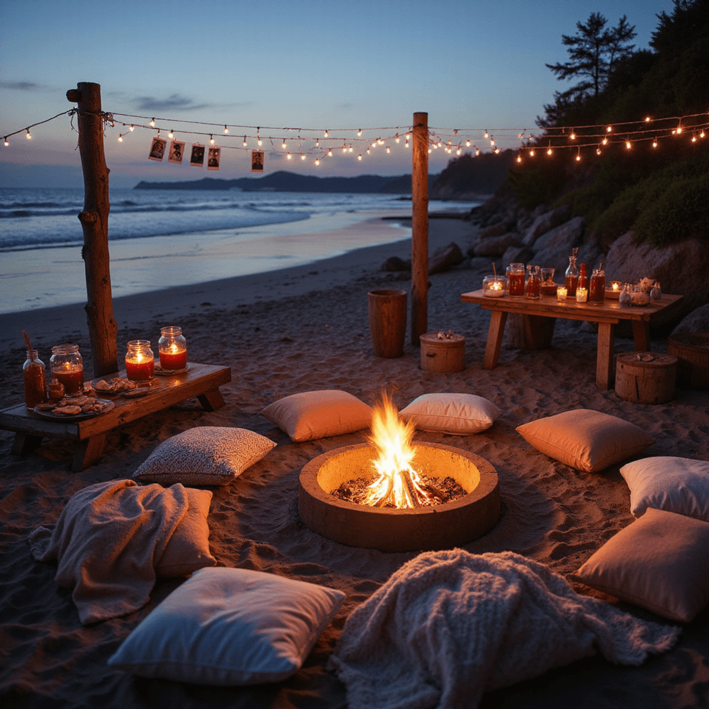 A cozy beachfront bonfire setup for a Galentine's gathering at dusk, featuring oversized pillows, a crackling fire pit, and fairy light lanterns, with a rustic charcuterie buffet and mason jars of sangria, all set against the shimmering ocean in the background.