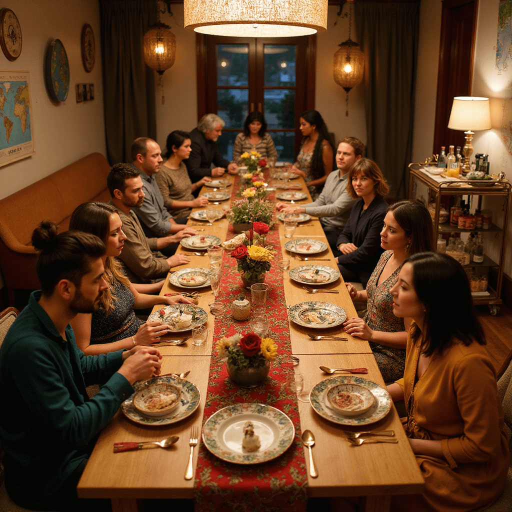 A lavish 'Global Culinary Expedition' dinner party in a warmly lit dining room featuring a long wooden table with colorful textiles, ornate place settings with hand-painted plates and golden cutlery, and exotic flower centerpieces. Guests in international attire engage in conversation, surrounded by travel memorabilia, maps, and lanterns, with a nearby bar cart showcasing a selection of international spirits and wines.