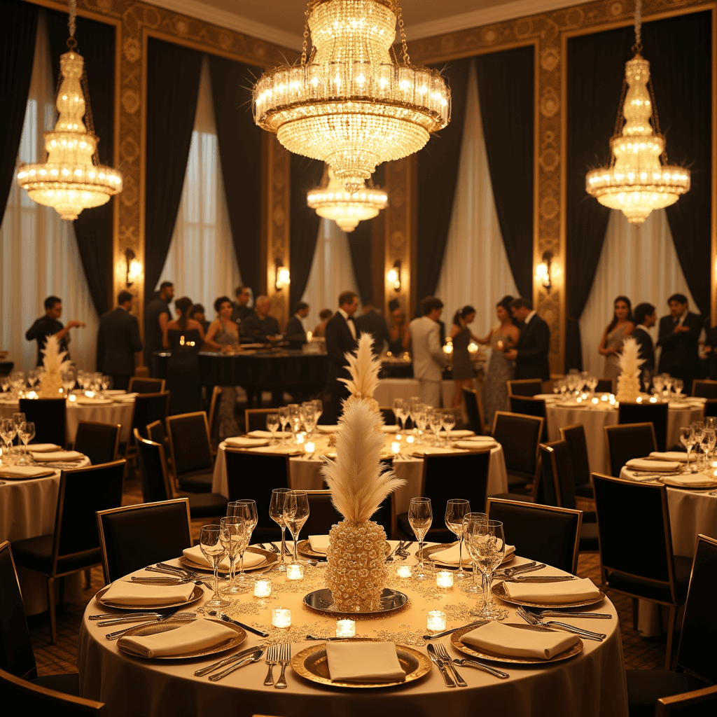 An opulent Art Deco ballroom filled with guests in 1920s attire enjoying a glamorous dinner party, featuring crystal chandeliers, shimmering tables, feather centerpieces, and a dazzling champagne tower.