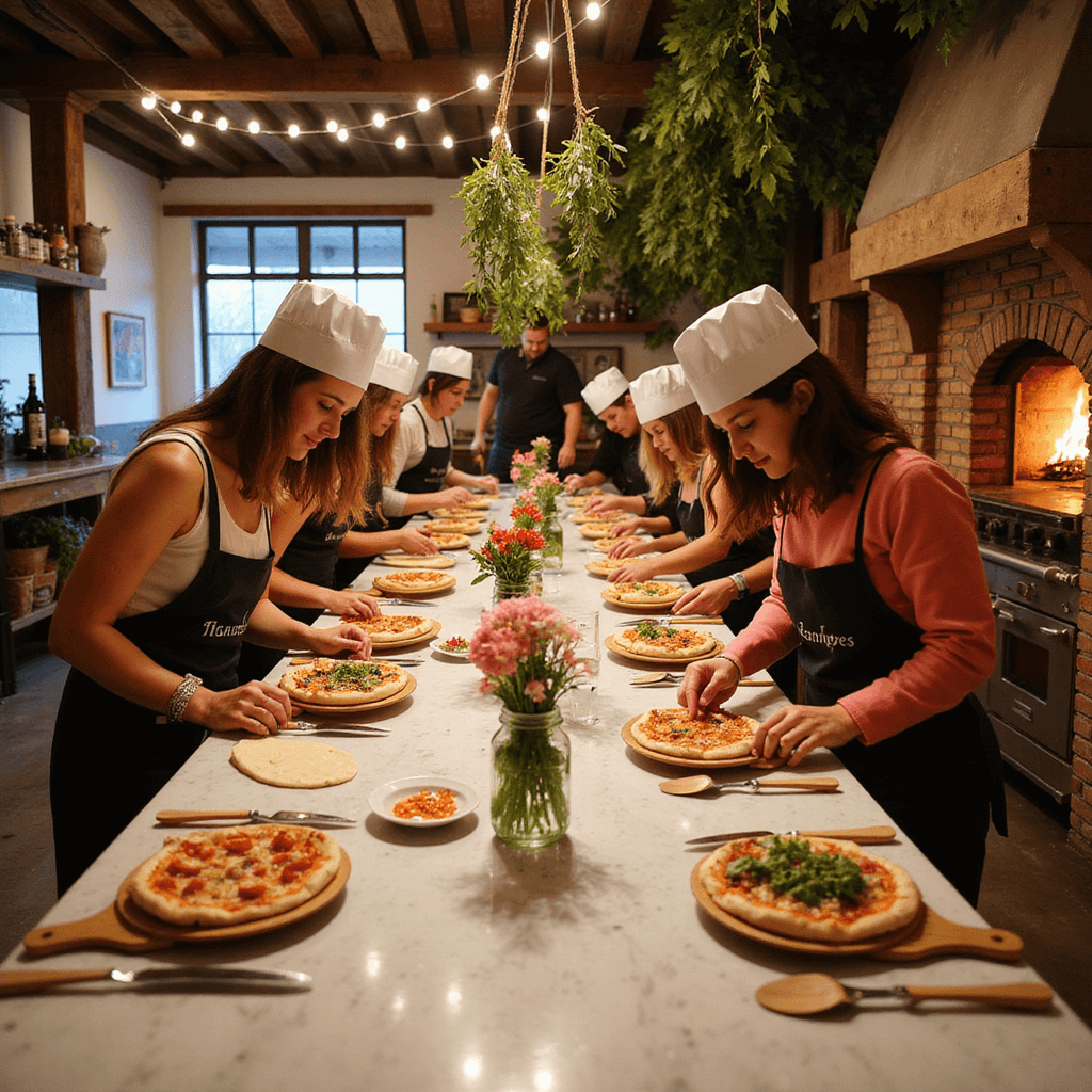 A vibrant rustic Italian kitchen set for a whimsical DIY pizza dinner party, featuring a marble countertop with individual pizza-making stations, colorful toppings, and guests in chef's hats joyfully crafting their pizzas under warm fairy lights. A vintage brick pizza oven and charming decor enhance the inviting atmosphere.