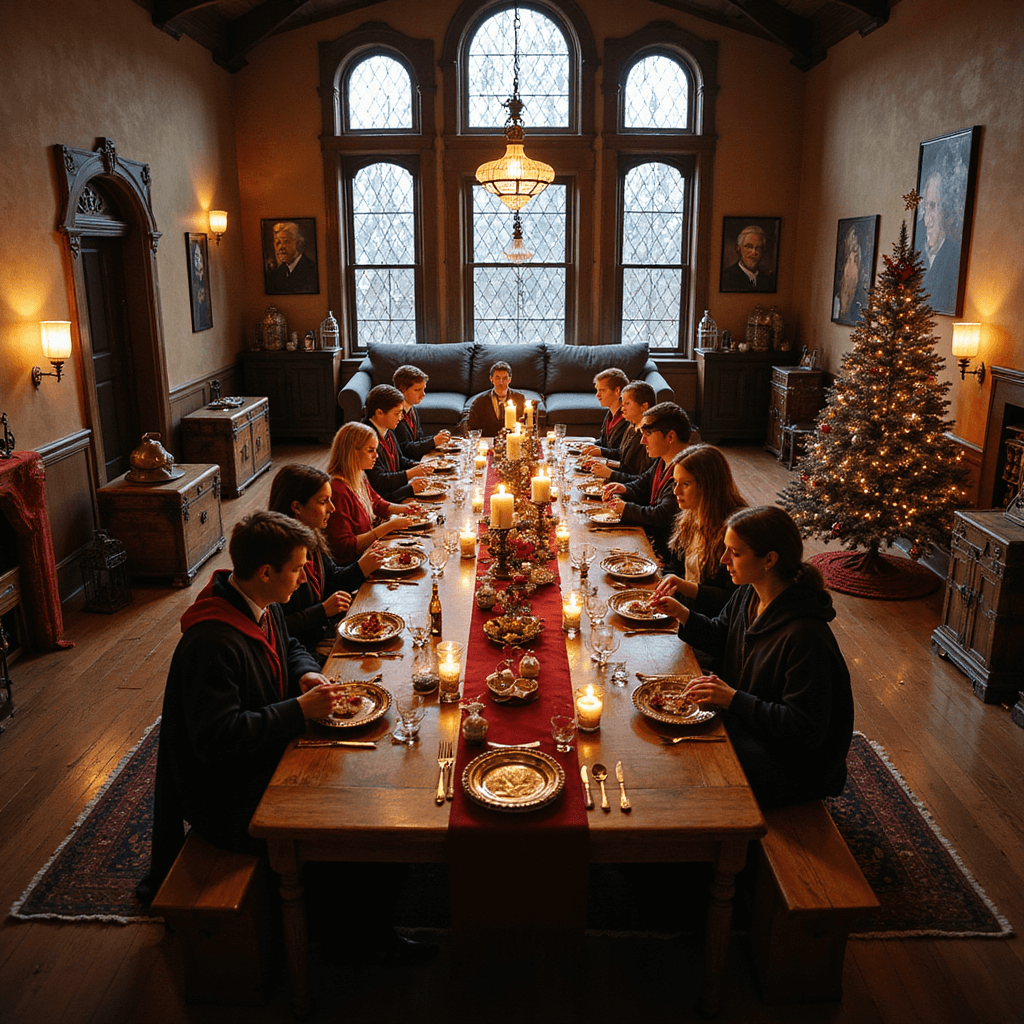 An enchanting 'Harry Potter' themed dinner party in a transformed living room resembling the Great Hall of Hogwarts, featuring long wooden tables with house-colored runners, floating candles, potion bottle centerpieces, and guests in wizard robes enjoying a feast. The walls are adorned with moving portraits and house banners, while a 'Sorting Hat' and a twinkling Christmas tree add to the magical atmosphere. Owl cages and trunks are strategically placed around the room.