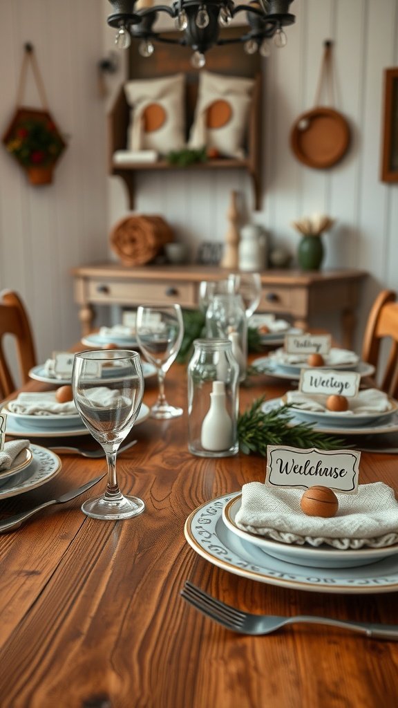 A beautifully set farmhouse kitchen table with name tags, elegant dishes, and natural decorations.
