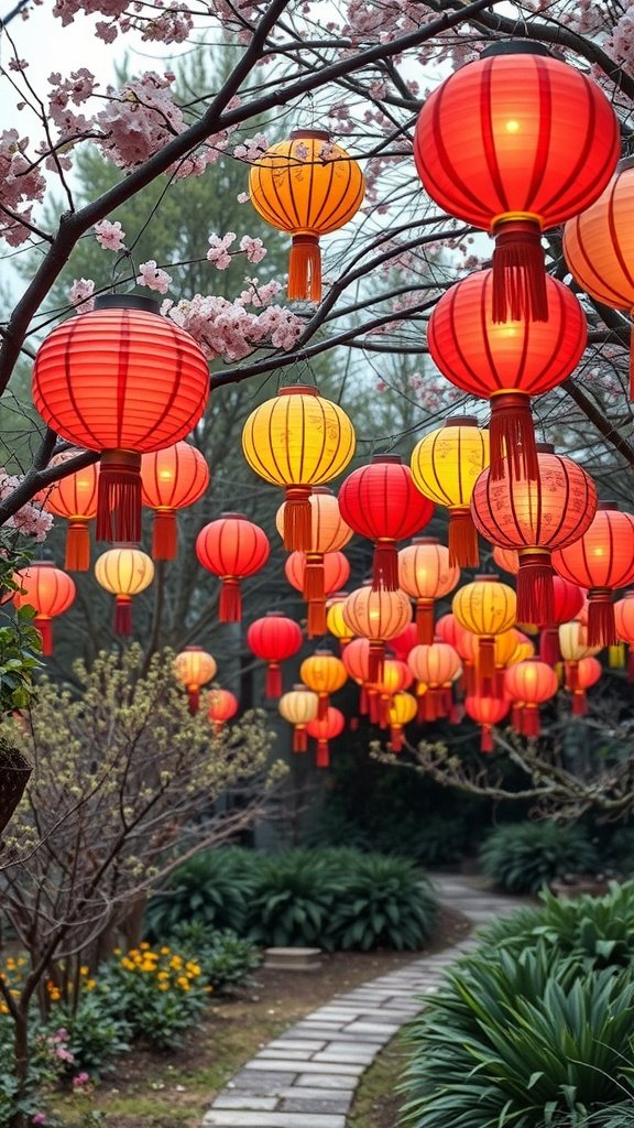 Colorful paper lanterns hanging among trees in a garden