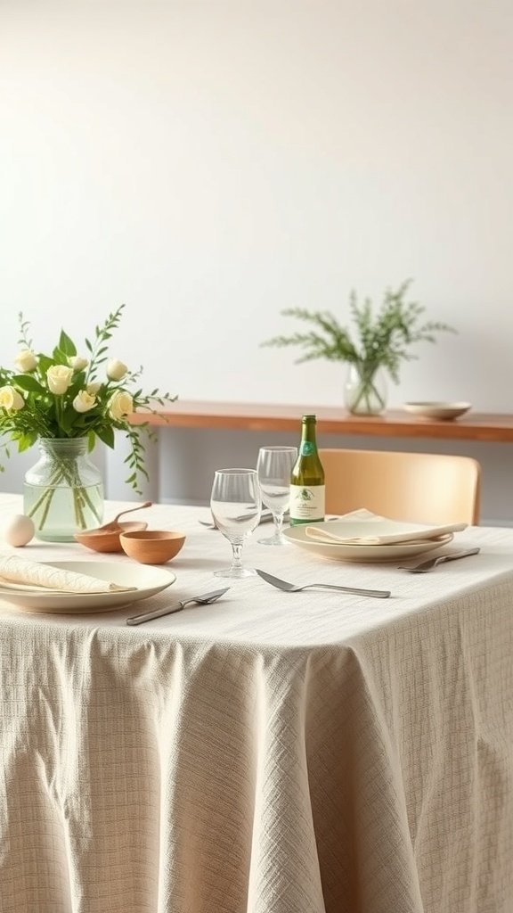 A table set with eco-friendly linens, glassware, and flowers for a garden party.