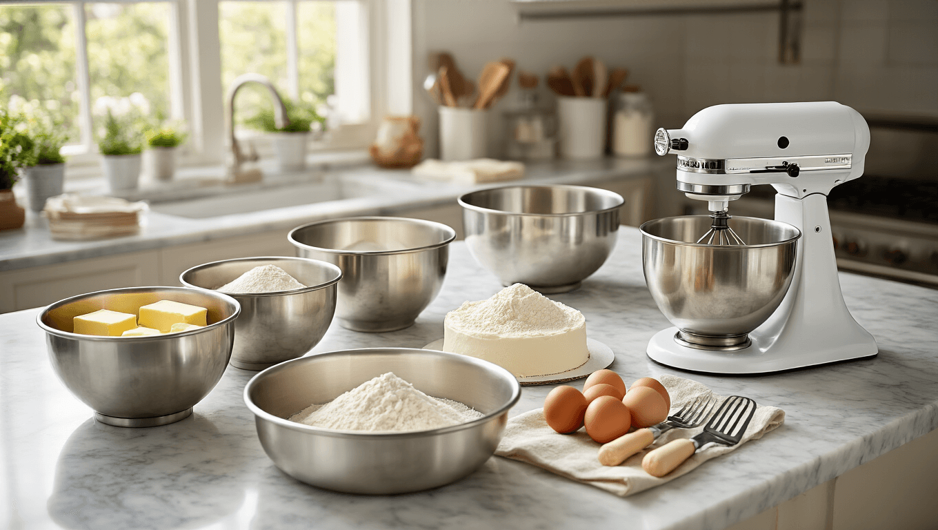 A sunlit kitchen scene featuring a marble countertop with organized baking ingredients, including metal mixing bowls of butter, eggs, and flour, an electric mixer, parchment-lined cake pans, and baking tools, all bathed in warm, inviting light.