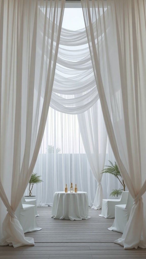 A serene setup with draped white fabrics, a round table, and chairs, creating an elegant atmosphere for a garden party.