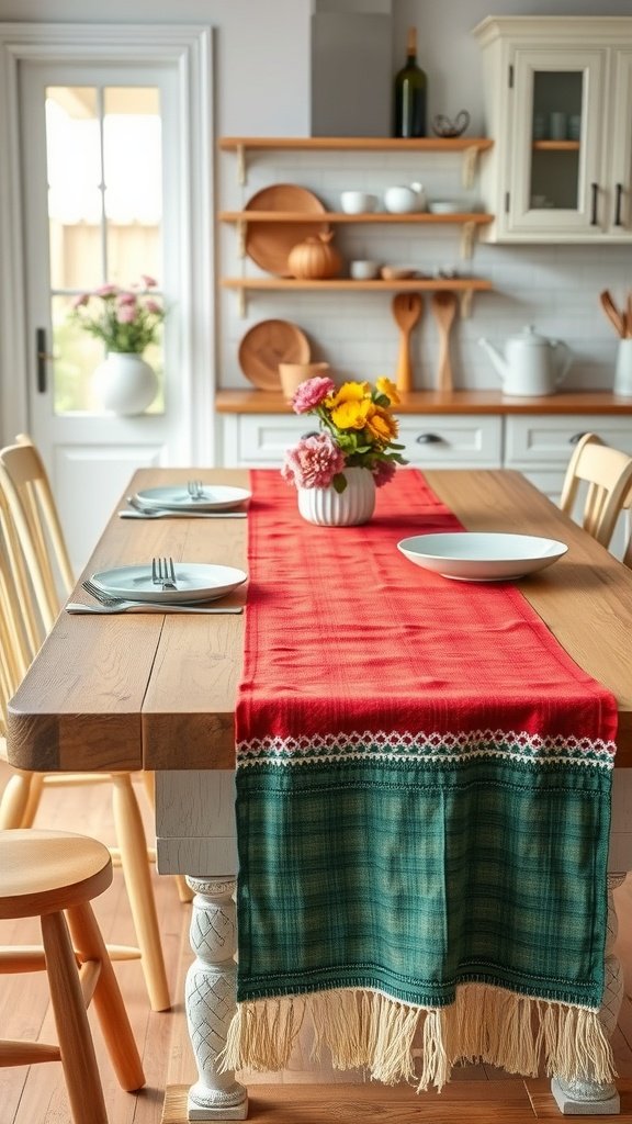 A farmhouse kitchen table set with a red and green table runner, white plates, and a floral centerpiece.