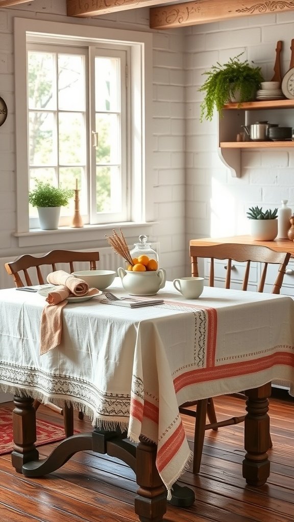 A farmhouse kitchen table set with a vintage tablecloth, dishware, and fresh fruit.