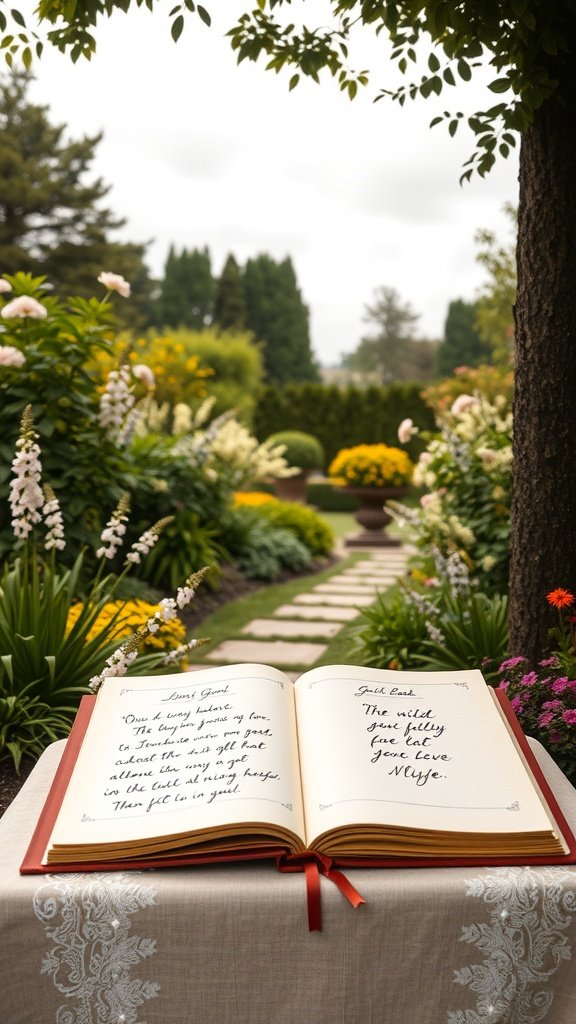 An open guest book on a table in a garden, surrounded by colorful flowers.