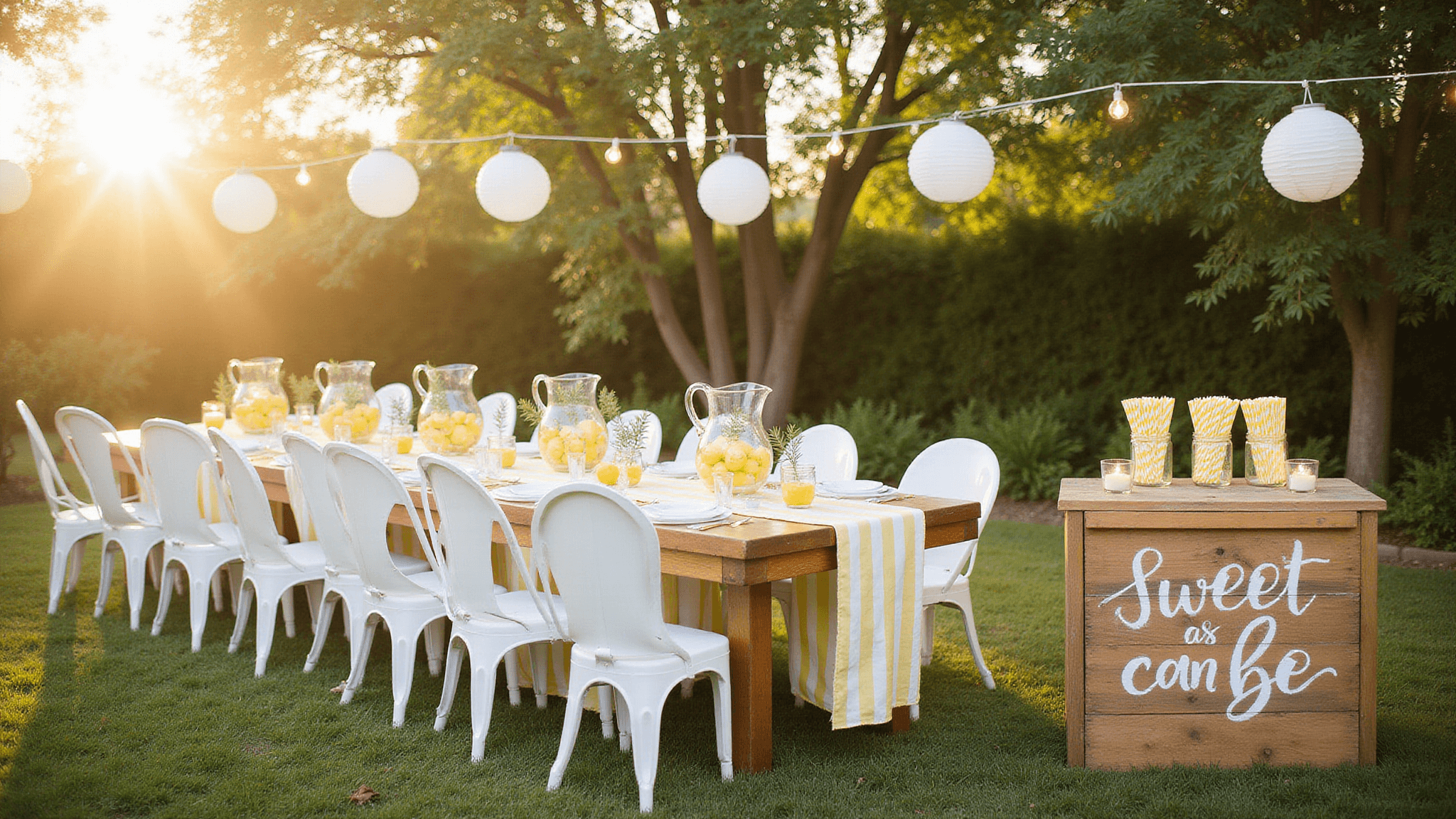 A sunlit backyard baby shower with a long farmhouse table, vintage white chairs, and centerpieces of lemons and lavender, adorned with paper lanterns and string lights; a rustic lemonade stand in the foreground with mason jars and a hand-lettered sign.