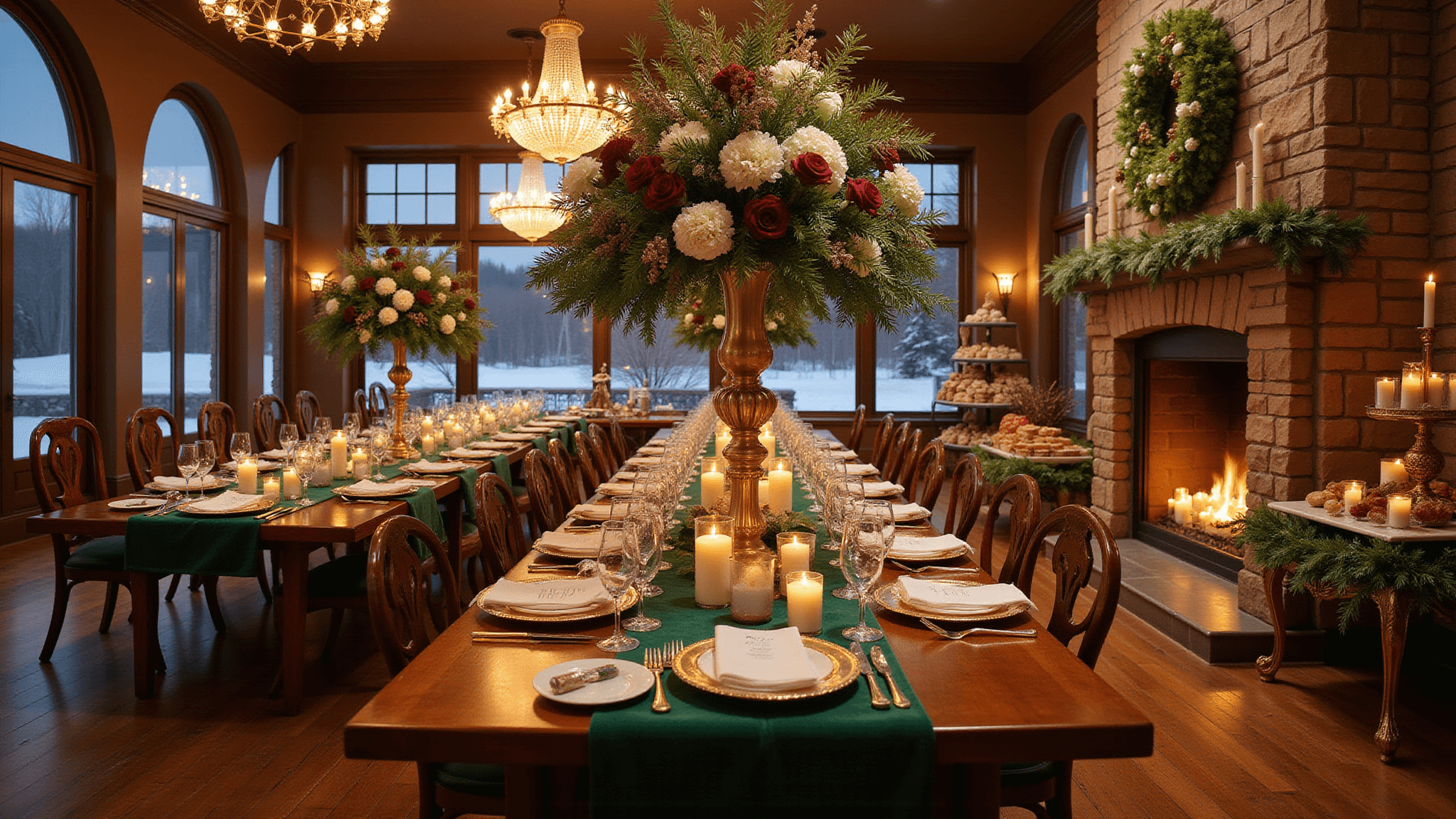 Hyperrealistic image of an opulent Christmas dinner party in a grand ballroom, featuring elegant table settings, towering floral centerpieces, and a warm, inviting ambiance.