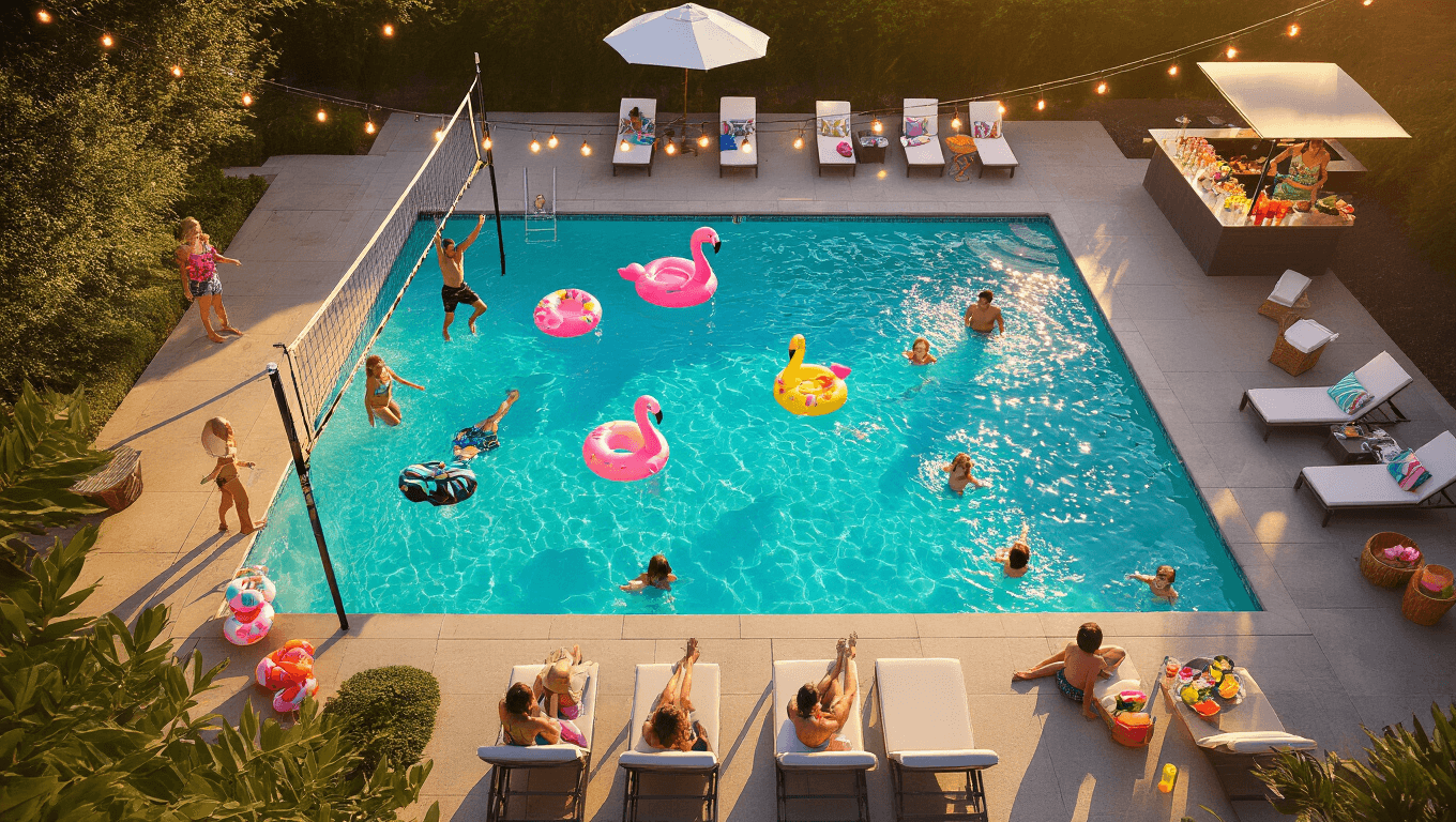 Aerial view of a luxurious summer pool party at golden hour, featuring a turquoise pool, volleyball net, colorful floats, and groups playing games, surrounded by lush landscaping and stylish furniture, illuminated by string lights.