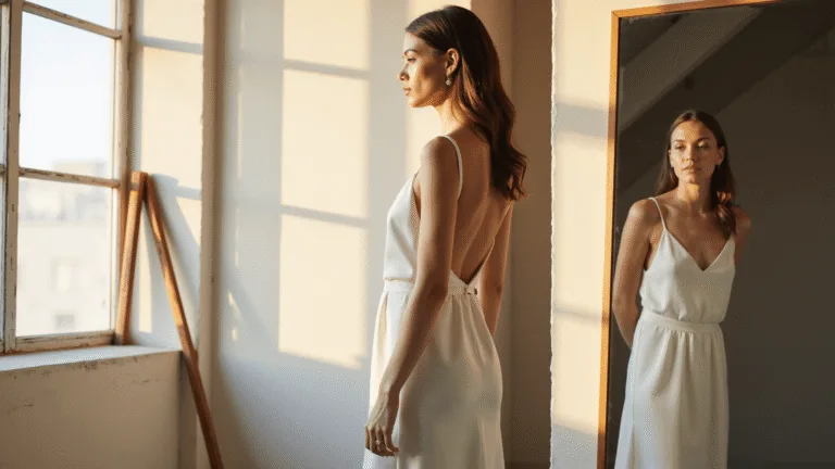 A bride-to-be in a minimalist white satin slip dress stands before a full-length mirror in a sunlit modern loft, showcasing the dress's elegant silhouette and sheen in warm golden hour light.