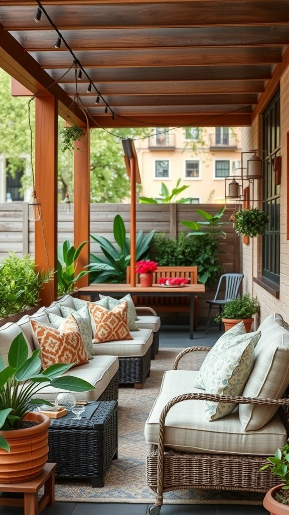 Cozy outdoor lounge area with comfortable seating, vibrant cushions, and lush greenery.