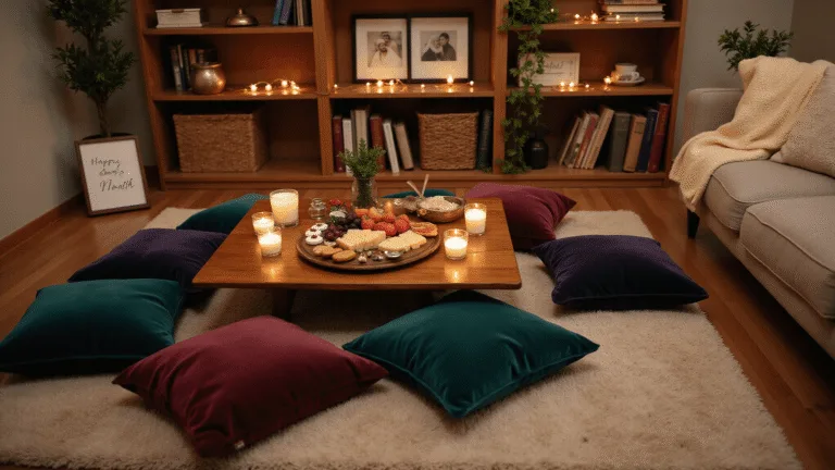A cozy indoor living room set up for a romantic anniversary celebration, featuring a plush rug, jewel-toned pillows, a charcuterie board, fairy lights, and personal touches like a handwritten card, all bathed in golden hour light.