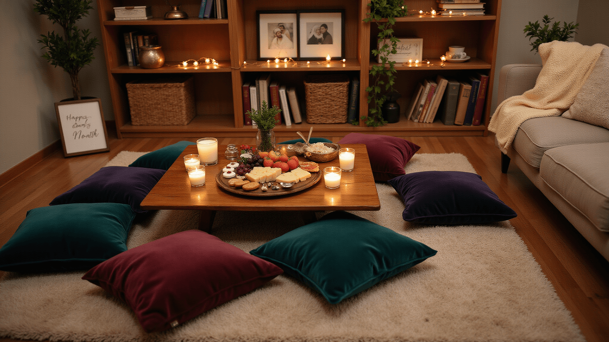 A cozy indoor living room set up for a romantic anniversary celebration, featuring a plush rug, jewel-toned pillows, a charcuterie board, fairy lights, and personal touches like a handwritten card, all bathed in golden hour light.