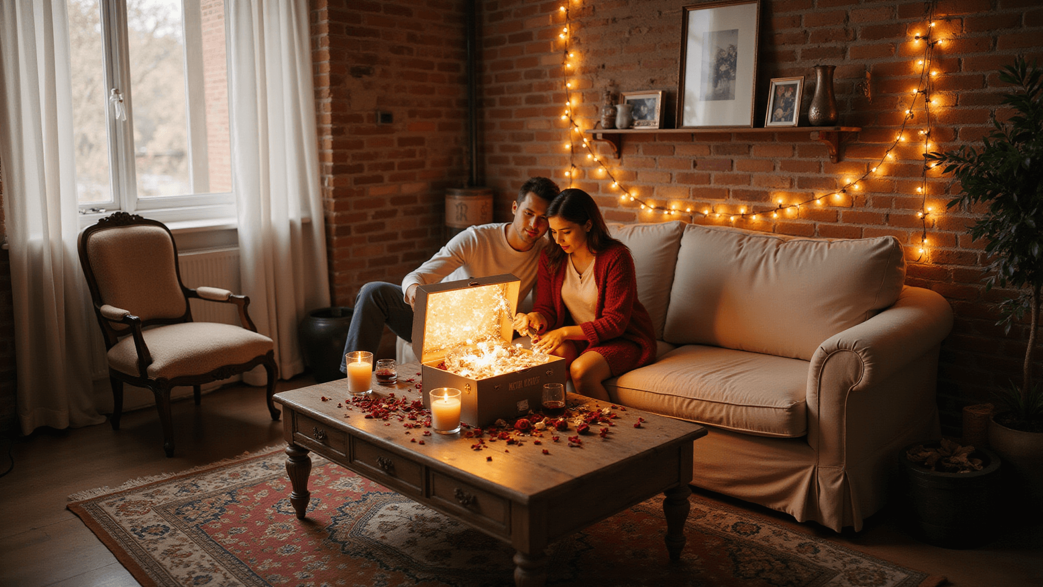 A warm, romantic living room scene featuring a couple exploring a 'Memory Explosion Box' on a cream-colored sofa, surrounded by rose petals, red wine, and soft candlelight, with ambient fairy lights and a vintage rug completing the cozy atmosphere.