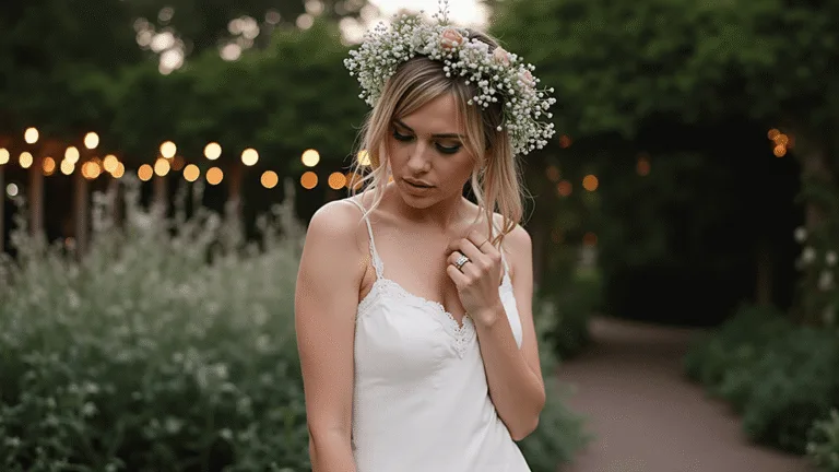 Bride in an ivory silk slip dress with lace trim stands in a twilight garden terrace adorned with warm string lights and a flower crown, creating a magical, romantic atmosphere.