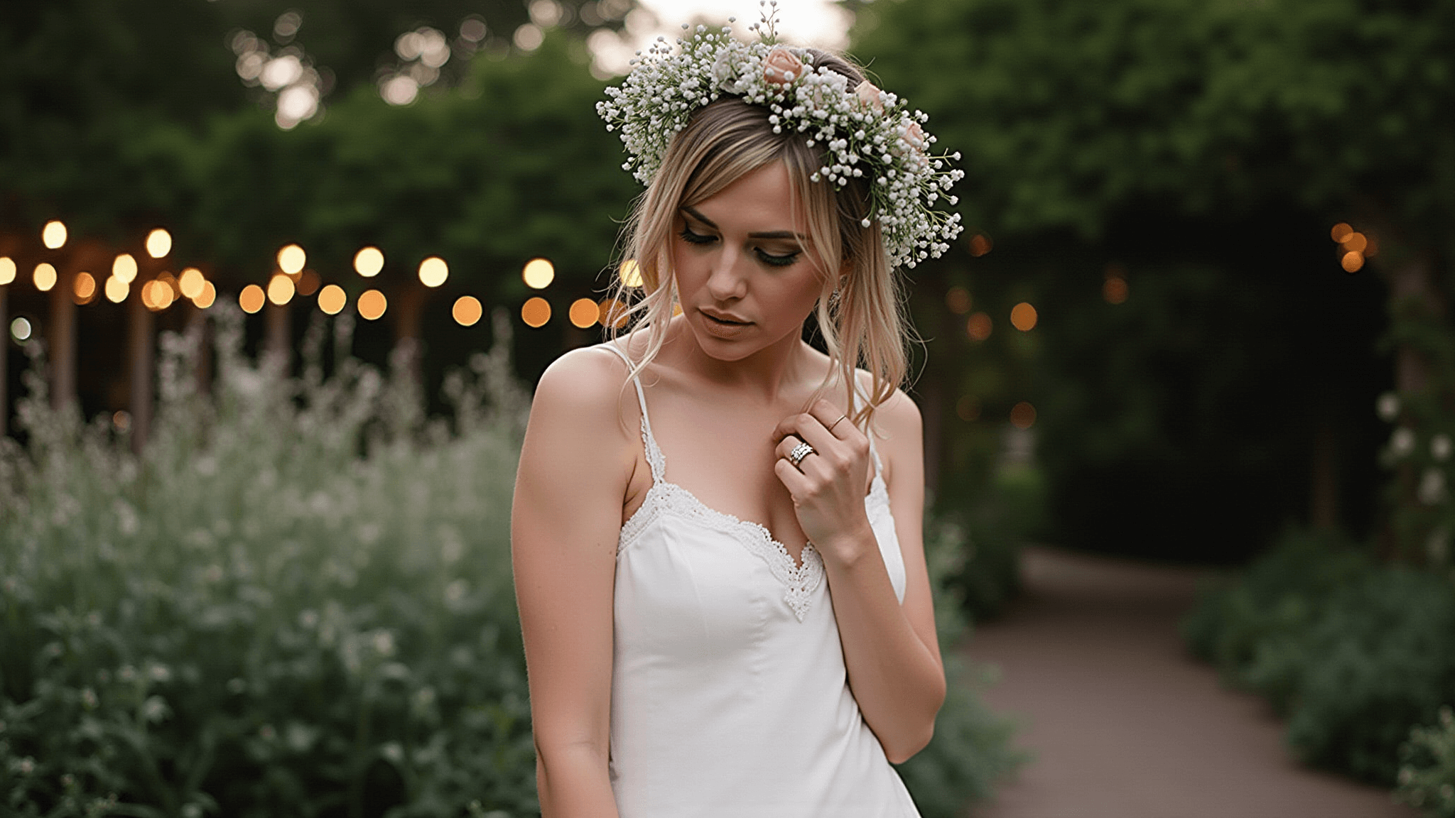 Bride in an ivory silk slip dress with lace trim stands in a twilight garden terrace adorned with warm string lights and a flower crown, creating a magical, romantic atmosphere.