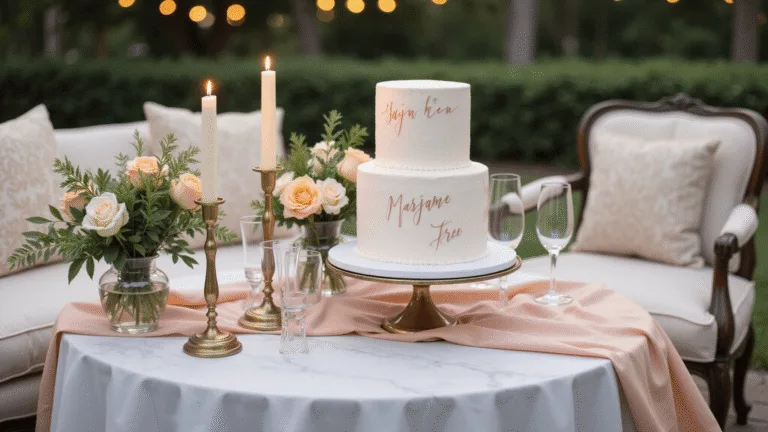 A romantic garden anniversary setup featuring a two-tier wedding cake on a marble table, surrounded by vintage candle holders and flowers, with warm ambient lighting and a plush loveseat nearby, all captured during golden hour.