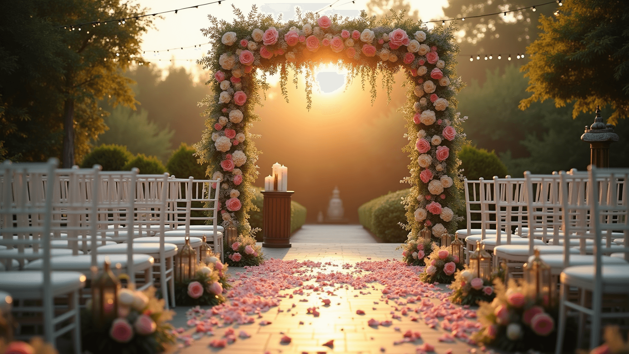 A romantic garden wedding ceremony at golden hour, featuring a floral arch with blush pink peonies and cream garden roses, white Chiavari chairs, and vintage brass lanterns along a petal-strewn aisle, all framed by lush greenery and twinkling string lights.