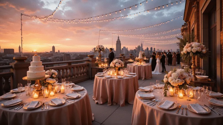 A romantic rooftop anniversary celebration at sunset, featuring blush pink silk table linens, floral centerpieces, elegant place settings, and a stunning 3-tier white and gold cake, with a city skyline and dramatic sunset in the background.