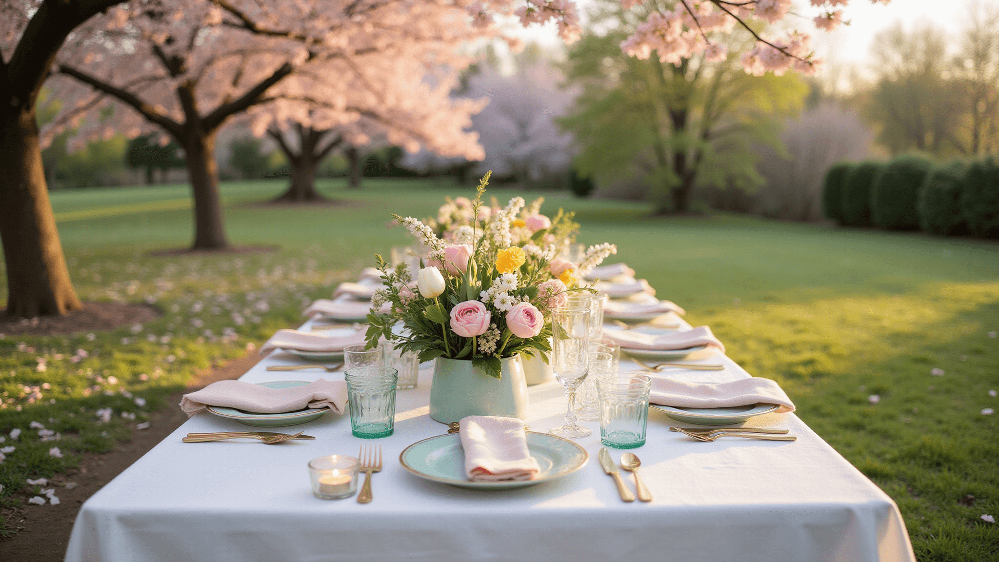 Photorealistic outdoor spring dinner party setup at golden hour, featuring a long farmhouse table under cherry trees, adorned with white linen, pastel china, and floral centerpieces, illuminated by string lights.