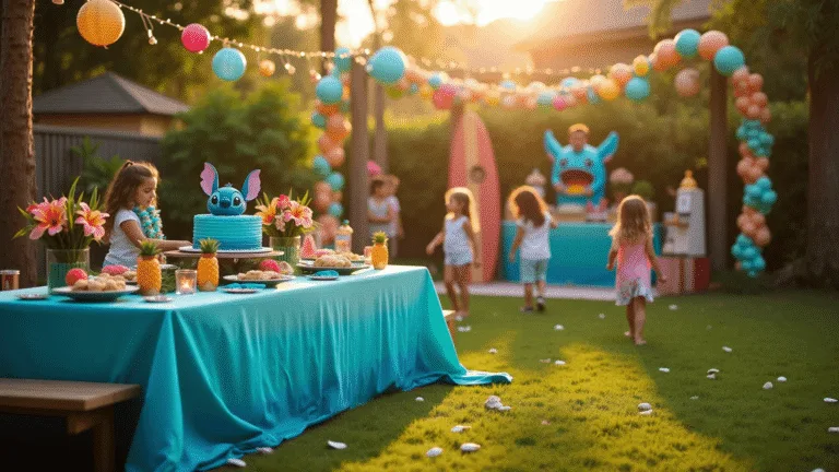A vibrant backyard Stitch-themed birthday party during golden hour, featuring a picnic table with an ombre blue tablecloth, tropical decorations, a blue ombre cake, children playing games, and festive lighting with paper lanterns.