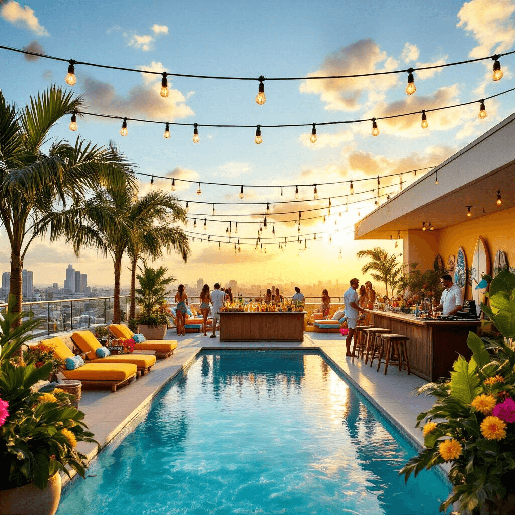 A vibrant rooftop terrace transformed into a tropical paradise for a pool party, featuring a sleek infinity pool, colorful lounge chairs, potted palms, a tiki bar with fresh flowers, and a DJ booth, all bathed in golden hour light with panoramic city views in the background.