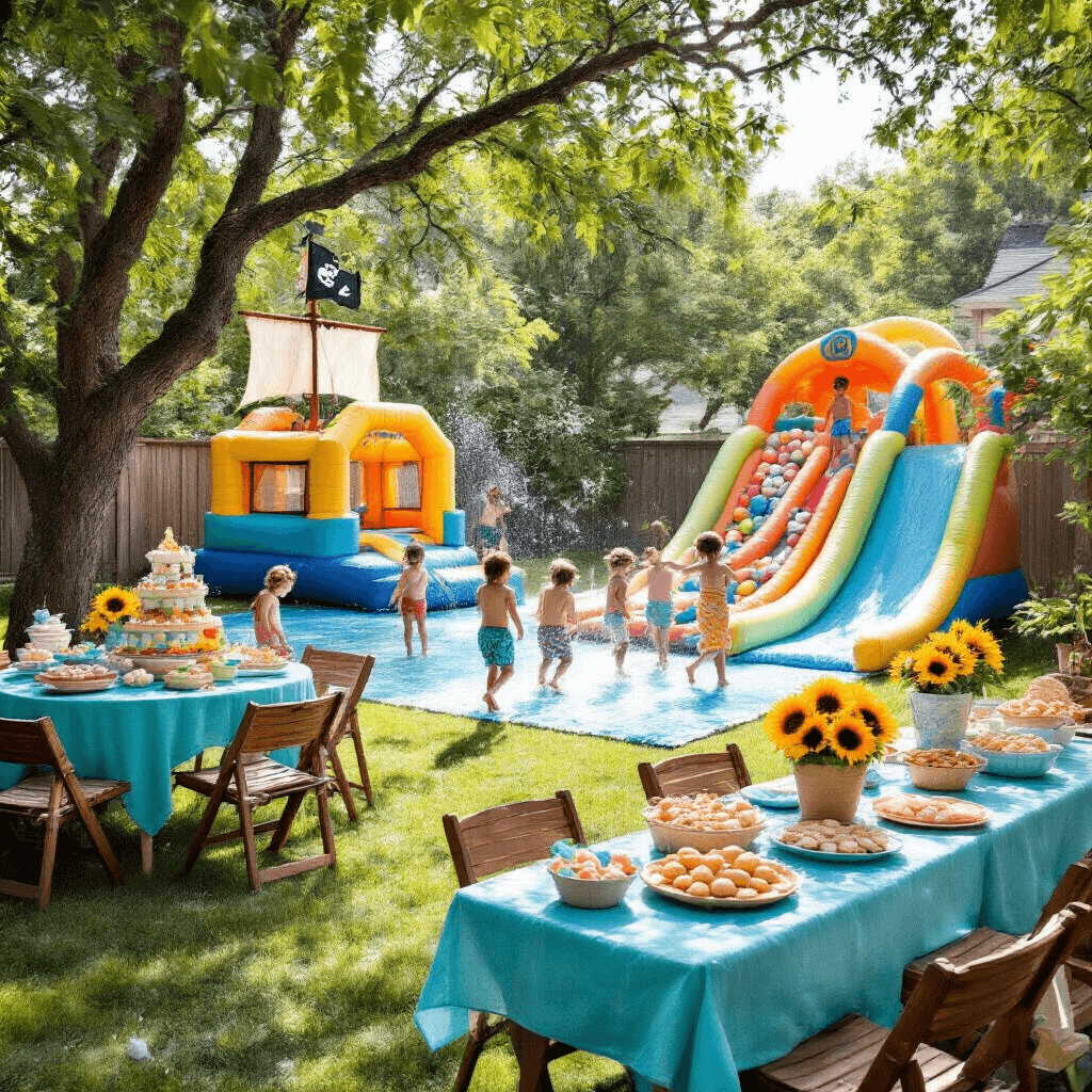 A vibrant backyard scene for a children's birthday party featuring a pirate ship bounce house, a DIY water slide, tables with turquoise linens and sand bucket centerpieces, and kids joyfully playing in sprinklers and tossing water balloons under dappled sunlight.