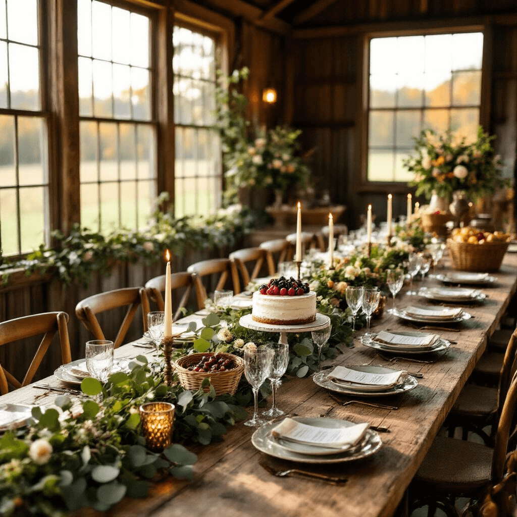 A beautifully transformed rustic barn interior for a chic farm-to-table harvest dinner, featuring long wooden tables set with mismatched vintage china and crystal goblets, adorned with lush garlands of eucalyptus and wildflowers, mercury glass votives, and fresh produce, all bathed in warm golden light from large windows. A dessert station showcases a naked cake with fresh figs and blackberries, alongside jars of local honey and homemade preserves, captured from a slightly elevated angle.