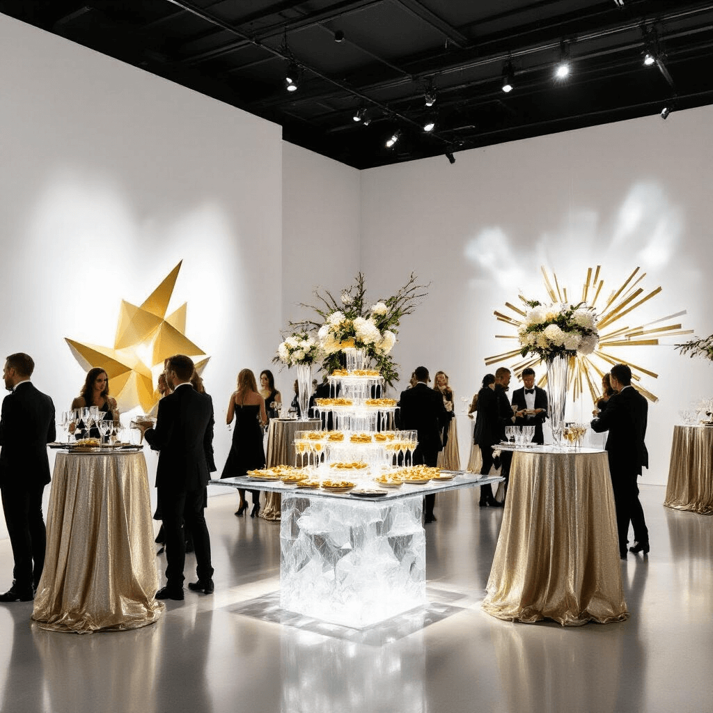 A glamorous New Year's Eve cocktail party in a modern art gallery with dramatic lighting, sleek high-top tables adorned with metallic linens and floral arrangements, a central champagne tower, guests in black-tie attire mingling near ice sculptures and interactive art, captured in a low-angle shot emphasizing light, shadow, and reflections.