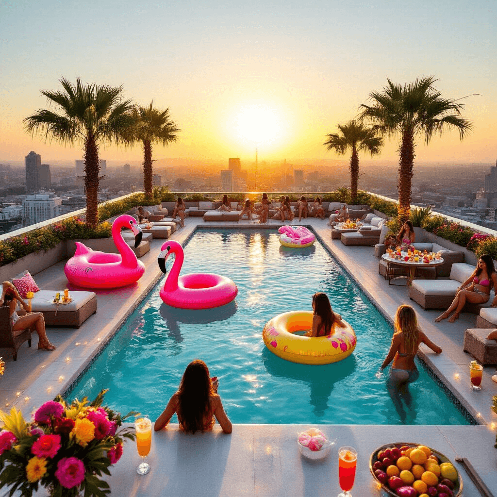 A vibrant rooftop pool party at golden hour, featuring an infinity pool with colorful inflatables, chic lounge areas, tropical decor, and teens in stylish swimwear posing against the city skyline as fairy lights twinkle.