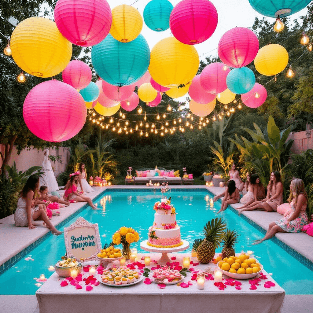 A whimsical quinceañera pool celebration featuring a vibrant palette of neon pink, sunny yellow, and turquoise. The space includes oversized balloons, paper lanterns, and handmade signage. A sparkling pool adorned with floating candles and flower petals is surrounded by teens enjoying a dessert table with a tiered cake and tropical fruits, with string lights overhead as dusk approaches.