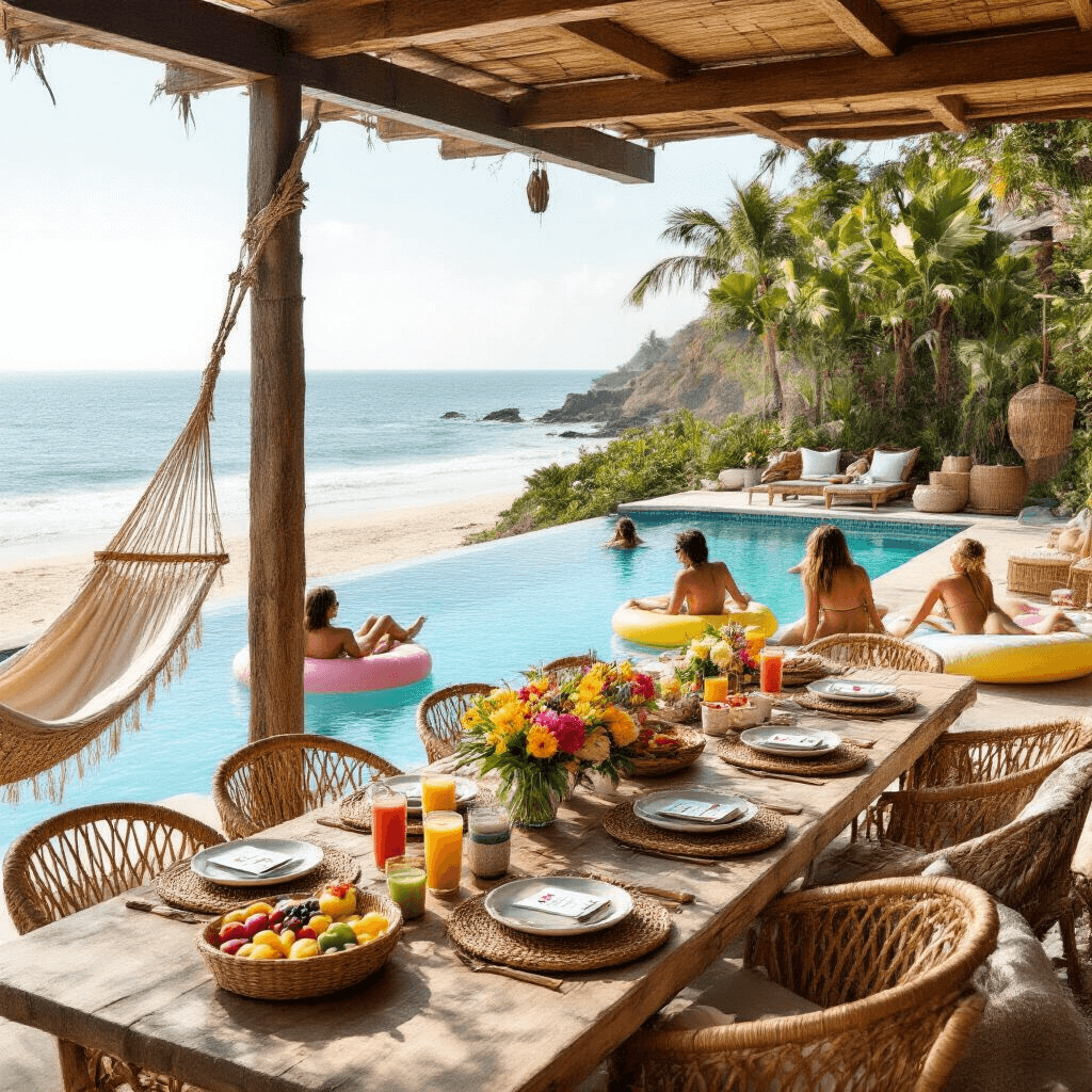 A beachfront pool party featuring an infinity pool, rustic wood decor, woven hammocks, a brunch table with flowers and smoothie bowls, and teens lounging on oversized floats, all bathed in soft morning light.