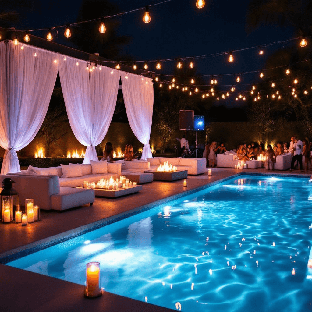 A chic nighttime pool party with floating candles, submerged LED lights, sheer white drapes, and Edison bulbs. Elegant white lounge furniture surrounds fire pits, while a vibrant DJ booth energizes the scene. Waiters serve gourmet hors d'oeuvres and mocktails. Teens pose in a mirrored photo booth as the ethereal blue pool casts rippling reflections.