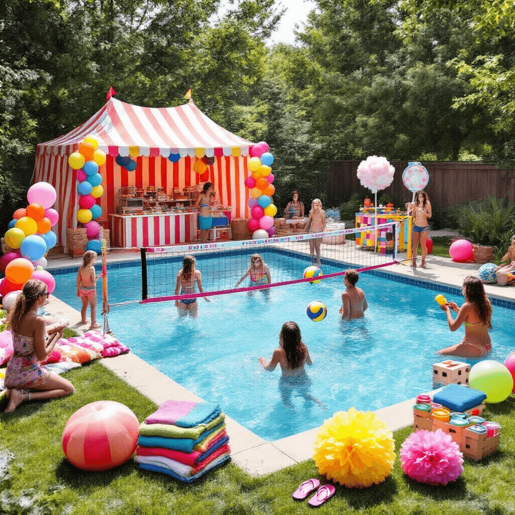 A lively daytime pool party filled with bright colors, featuring a pool surrounded by balloons and pom-poms, a gelato bar in a striped tent, oversized lawn games, teens playing volleyball in the water, and a splash zone with water guns for fun photo opportunities.