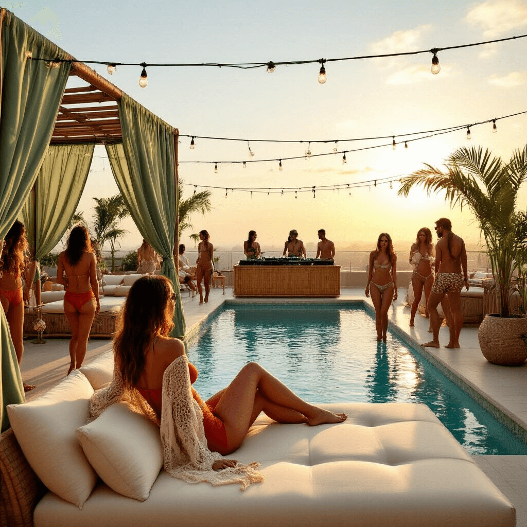 A vibrant rooftop terrace pool party during golden hour, featuring a diverse group of stylish guests around a sleek infinity pool. In the foreground, a woman lounges on a cream daybed in a terracotta one-piece and sheer crochet cardigan. Sage green cabanas with sheer curtains provide shade, while a bamboo DJ booth and potted palms add to the tropical ambiance. Fairy lights overhead cast a warm glow, enhancing the festive atmosphere as the sun sets.