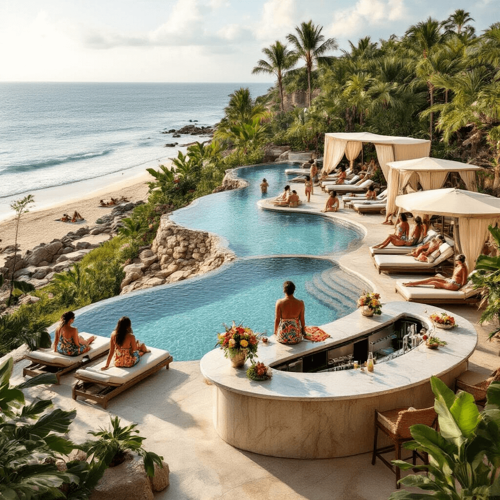 Aerial view of a luxurious beachfront pool club with cascading infinity pools, surrounded by lush landscaping, guests in stylish outfits, a central marble bar with flowers, and intimate cabanas under string lights.