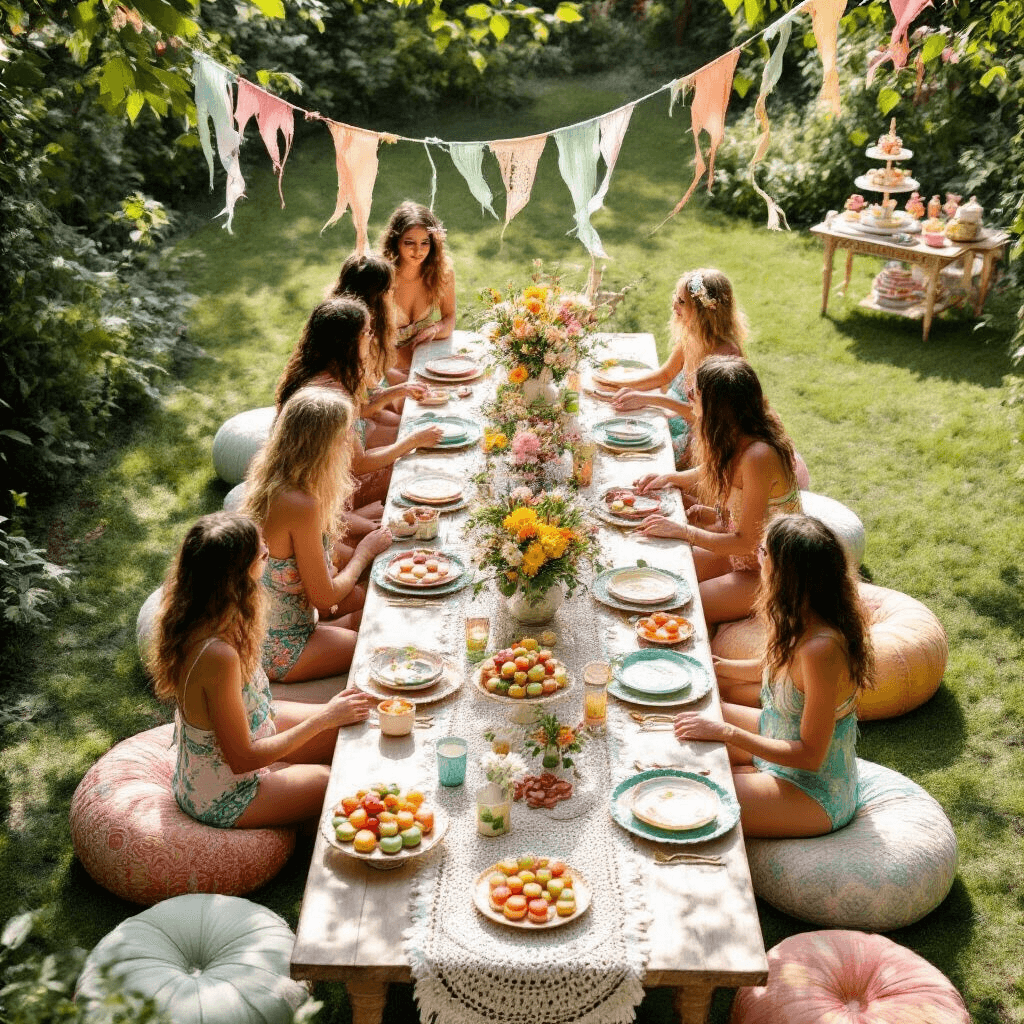 Overhead shot of a whimsical garden pool party with a long table dressed in a crochet runner and mismatched vintage plates, surrounded by guests in boho swimwear. Colorful poufs, a dessert cart with fruit tarts and macarons, and fabric streamers in sage and metallic gold create a dreamy atmosphere, while a croquet set adds to the festive vibe.