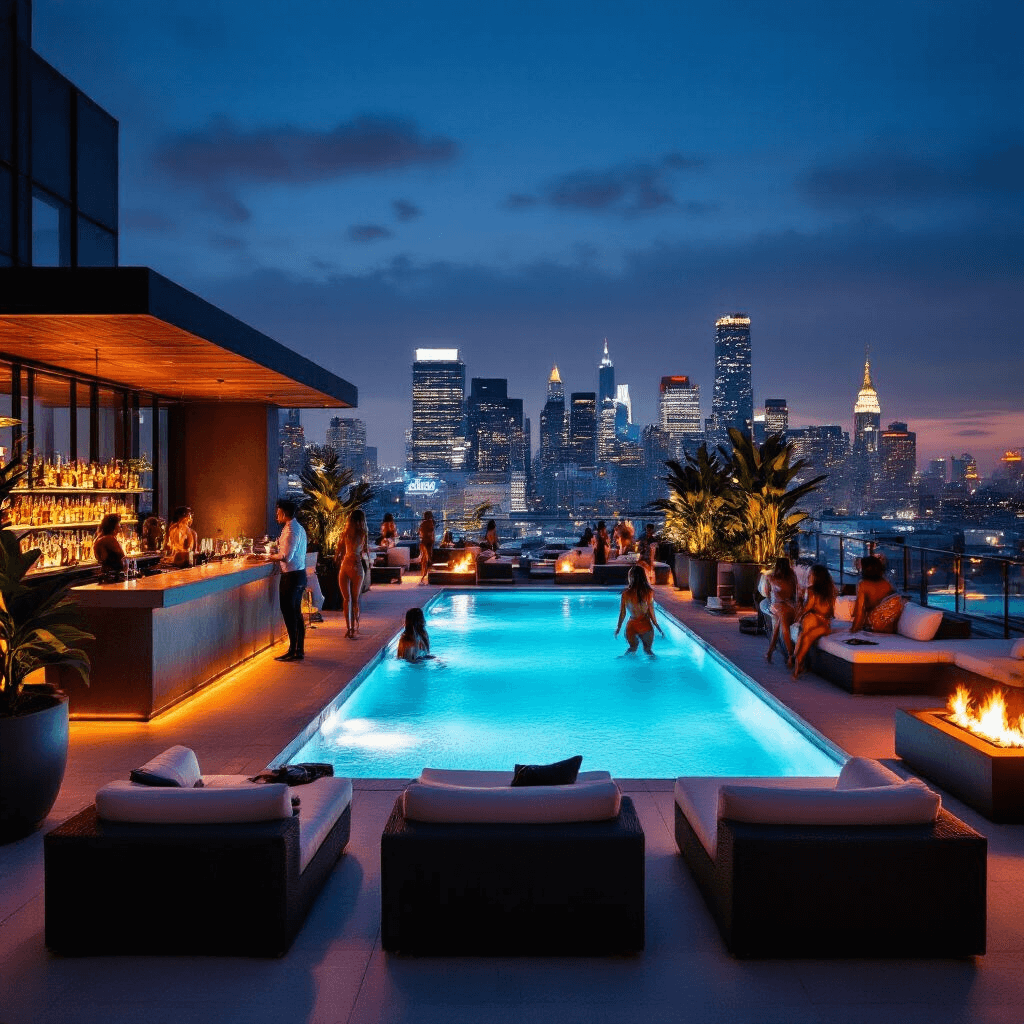 A vibrant urban rooftop pool scene at night featuring a glowing pool surrounded by modern lounge furniture, guests in stylish resort wear mingling near a polished concrete bar, oversized potted plants providing natural dividers, and a DJ spinning tracks as partygoers dance by the pool's edge under dynamic lighting.