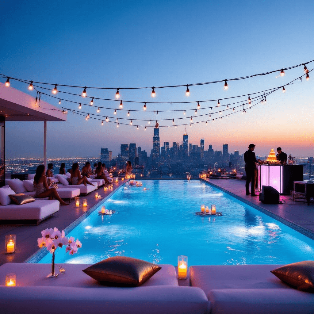 A luxurious rooftop pool party at dusk, featuring an infinity pool blending with the city skyline, illuminated by soft blue underwater lights, floating candles, and orchid blooms. Guests relax on sleek white lounge furniture with metallic pillows, under warm string lights, with a DJ booth and a sparkling champagne tower nearby.