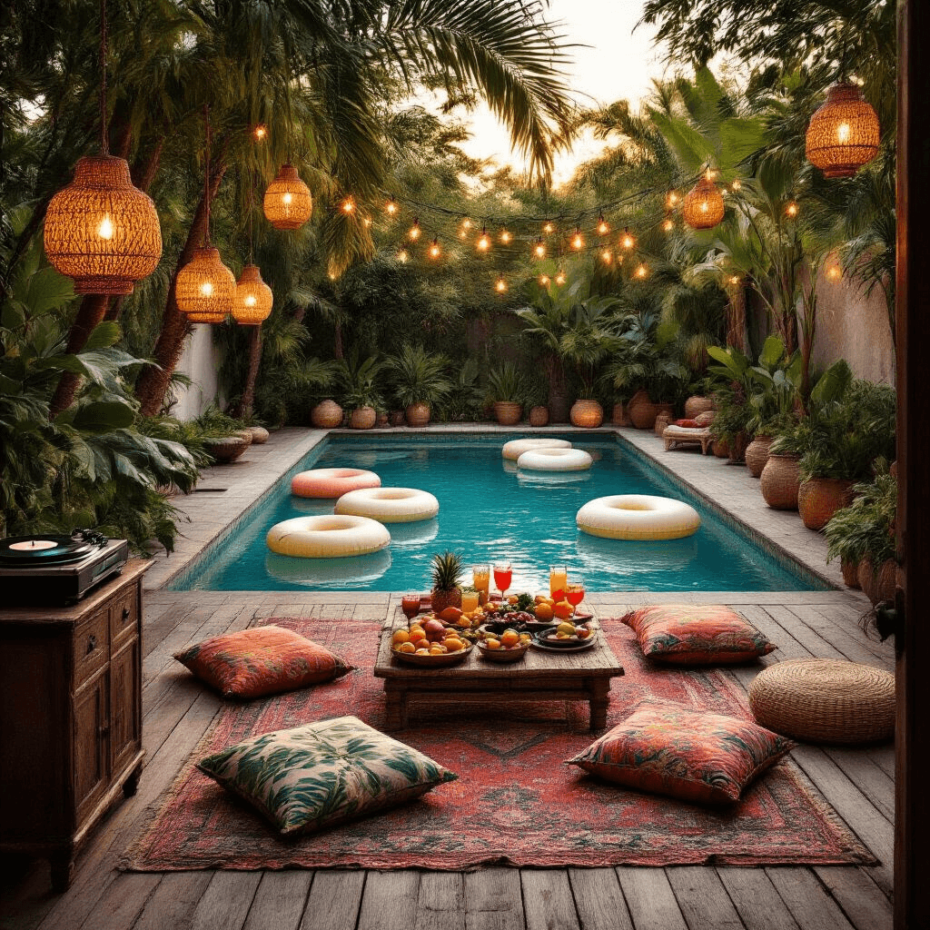 An intimate backyard pool at golden hour, featuring a rustic wooden deck, oversized tropical leaf floats, rattan lanterns, colorful Moroccan cushions, exotic fruits, cocktails, copper string lights, and a vintage record player, all creating a dreamy bohemian atmosphere.