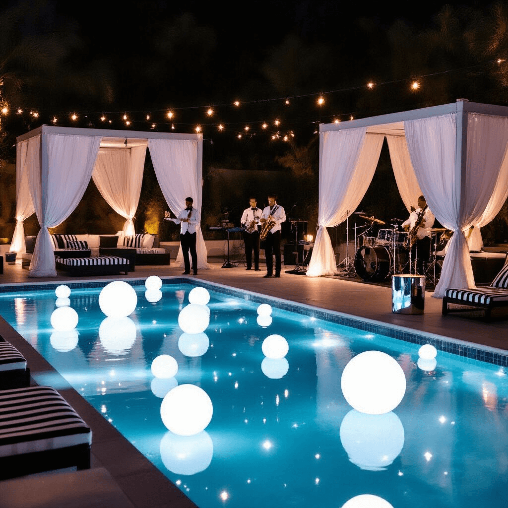 A glamorous nighttime poolside cocktail party featuring a rectangular pool illuminated by floating LED orbs, sleek cabanas with sheer fabric, servers with champagne, a live band on stage, and stylish black and white loungers with mirrored side tables.