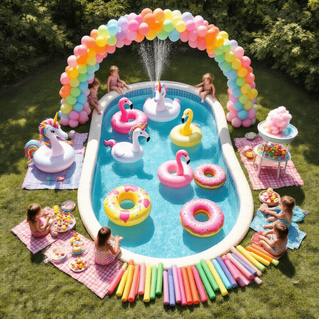 An overhead view of a whimsical children's pool party, featuring a kidney-shaped pool filled with colorful inflatables like unicorns and flamingos, surrounded by a rainbow balloon arch, picnic blankets with treats, a cotton candy machine, and excited kids enjoying the festivities.
