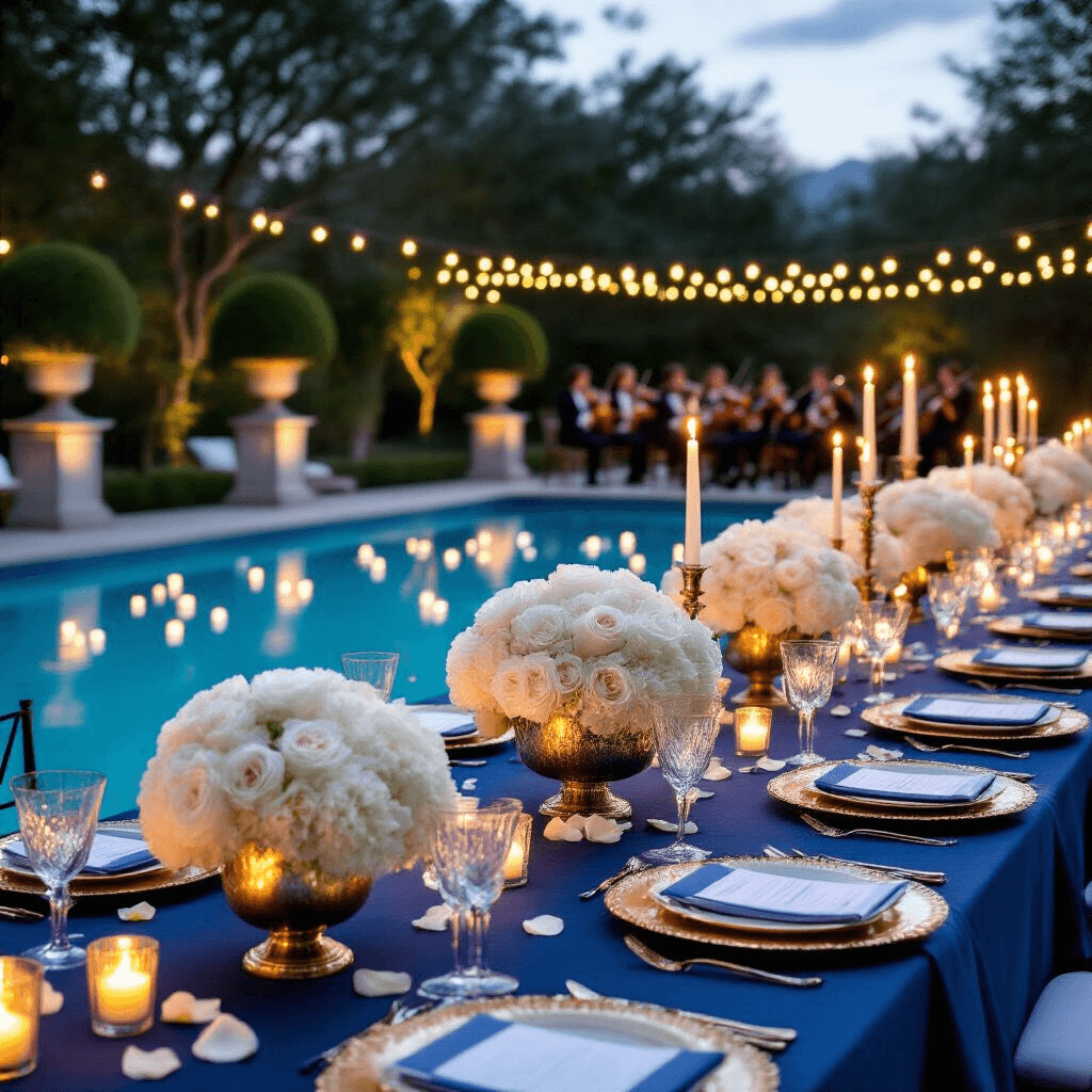 Elegant poolside dinner setup at twilight featuring long tables with deep blue linens, gold chargers, and crystal stemware, adorned with white peonies and hydrangeas in mercury glass vases and flickering candelabras. The pool is decorated with floating candles and rose petals, while fairy lights illuminate topiary trees and a string quartet performs on a small stage in the background.
