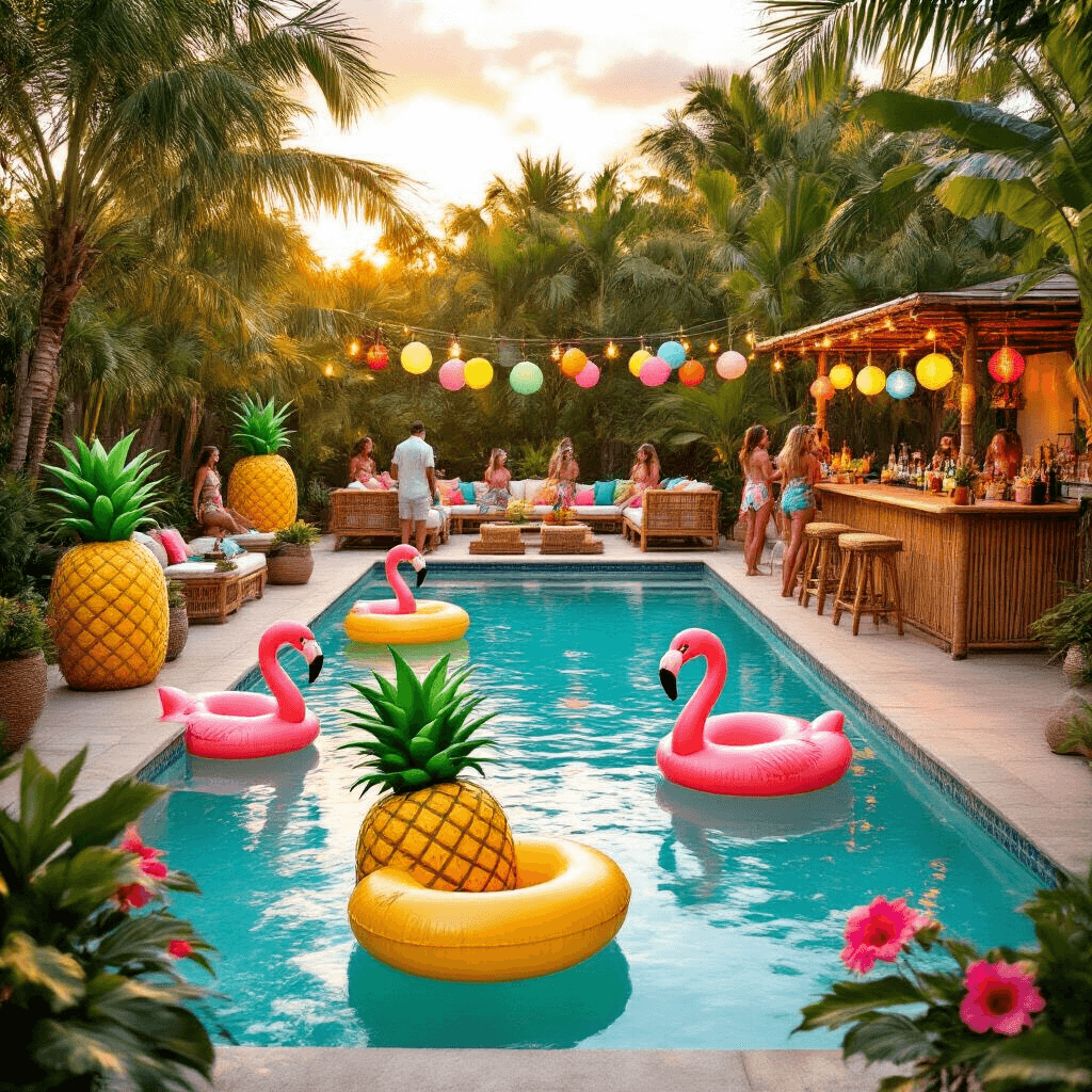 A vibrant tropical luau-themed pool party at golden hour, featuring a spacious backyard with a large pool, pineapple and flamingo floats, tiki torches, a bamboo bar with fairy lights, guests in tropical attire, rattan furniture, and colorful hibiscus flowers, all illuminated by warm golden light.