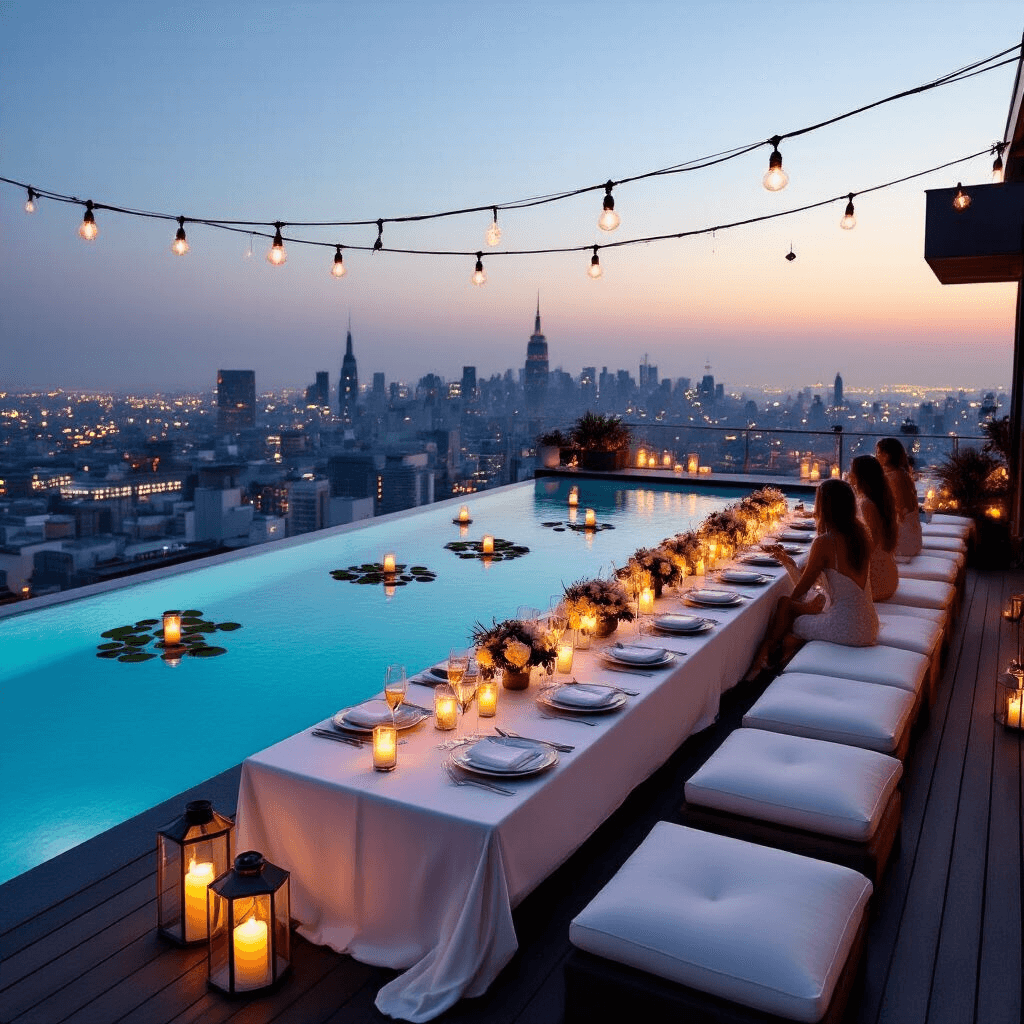 An overhead shot of an intimate rooftop pool party at dusk, featuring a sleek infinity pool reflecting the city skyline, floating candles and lily pads, modern white lounge furniture on dark wood decking, a long ivory linen-draped dinner table with crystal glassware and floral centerpieces, and guests in elegant attire sipping champagne by the pool's edge under soft string lights and lanterns.