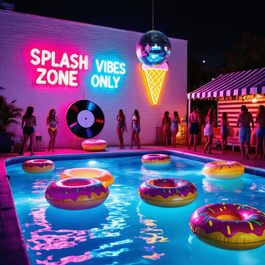 A lively retro neon splash party at night, featuring a vibrant pool illuminated with colorful lights, giant inflatable treats, and guests dancing under a disco ball, with neon signs and vintage cabanas enhancing the festive atmosphere.